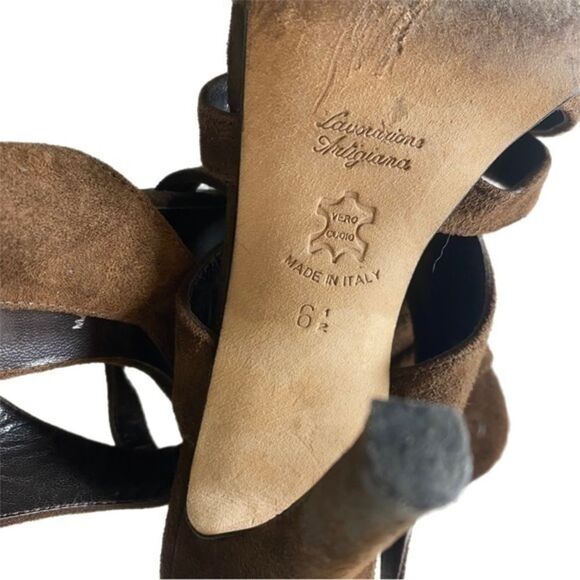 Butter Handmade in Italy Brown Suede Leather Peep Toe Sling Back Heels Sz 6.5 - Picture 7 of 7